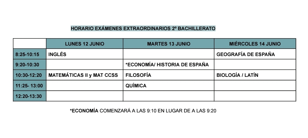 Exámenes extraordinarios 2° bachillerato 22/23